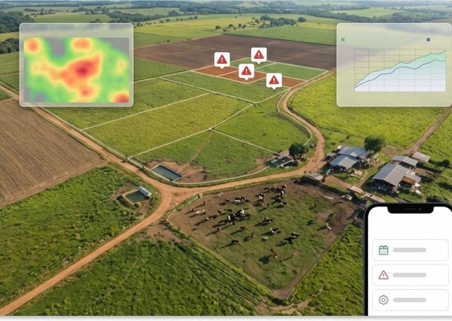 Vista aérea de una finca con los datos de la app sobre el mapa
